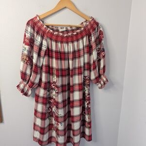 Dex Plaid Floral Embroidered Smocked Dress | Size‎ Large | Cottagecore Cabincore